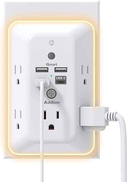 Surge Protector, Outlet Extender with Night Light, Addtam 5-Outlet Splitter and 4 USB Ports(1 USB C), Multi Plug Wall Outlet for Home Office Dorm Room Essentials